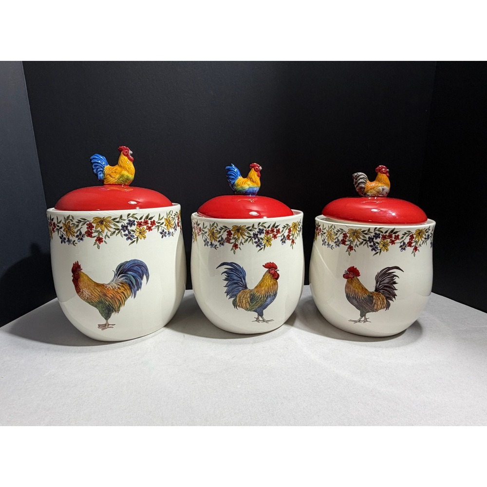 Cracker Barrel Earthenware Rooster Canister Set of 3 Farmhouse Kitchen Decor